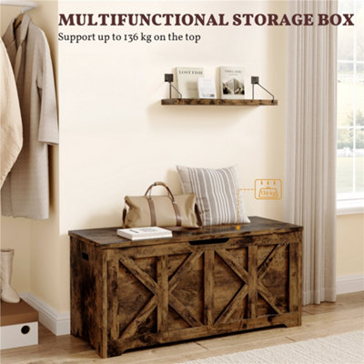 Yaheetech Rustic Brown 132 L Wooden Storage Bench with Safety Hinged Lid