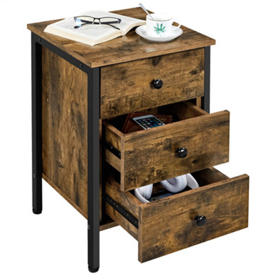 Yaheetech Rustic Brown 3-Drawer Bedside Table Vertical Side Table Storage Organizer