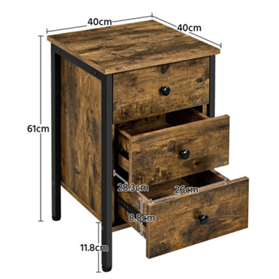 Yaheetech Rustic Brown 3-Drawer Bedside Table Vertical Side Table Storage Organizer