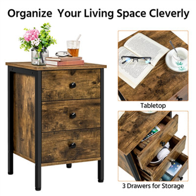 Yaheetech Rustic Brown 3-Drawer Bedside Table Vertical Side Table Storage Organizer