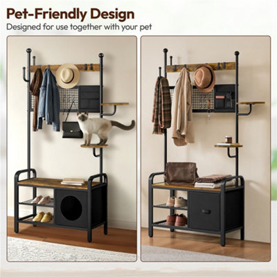 Yaheetech Rustic Brown 3-Layer Industrial Hall Tree with Cat House and ...