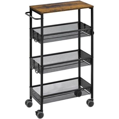 Yaheetech Rustic Brown 4-Tier Storage Trolley with Lockable Wheels & 6 ...