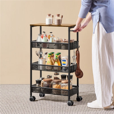 Yaheetech Rustic Brown 4-Tier Storage Trolley with Lockable Wheels & 6 ...