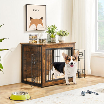 Yaheetech Rustic Brown Industrial Dog Crate with Anti Skid Plush Mat