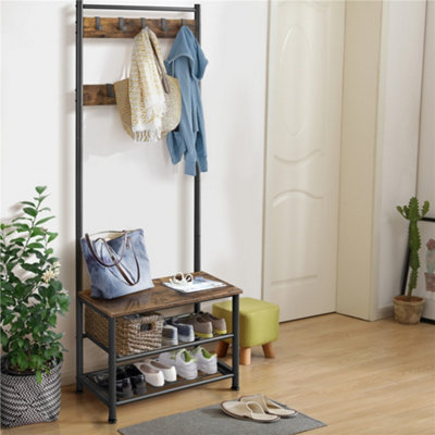 Yaheetech Rustic Brown Metal Hall Tree with 2 Shoe Shelves