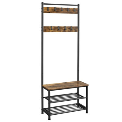 Yaheetech Rustic Brown Metal Hall Tree with 2 Shoe Shelves