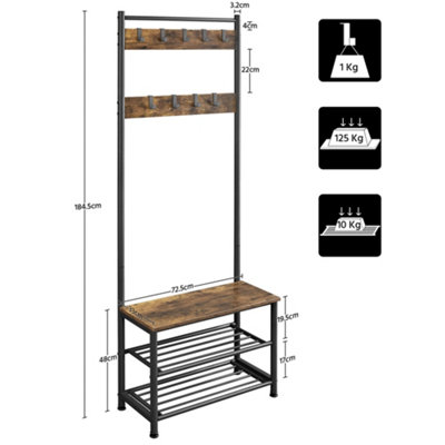 Yaheetech Rustic Brown Metal Hall Tree with 2 Shoe Shelves - 3