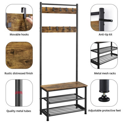 Yaheetech Rustic Brown Metal Hall Tree with 2 Shoe Shelves - 4