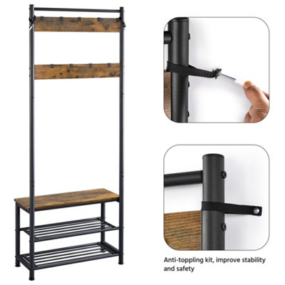 Yaheetech Rustic Brown Metal Hall Tree with 2 Shoe Shelves - 5