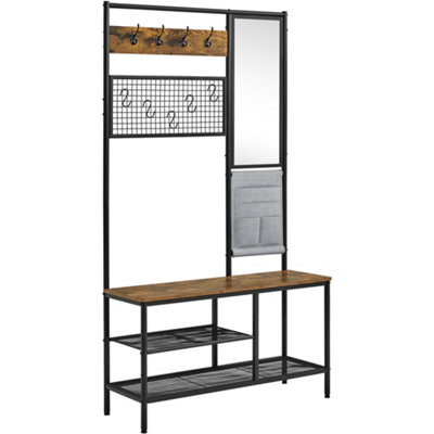 Yaheetech Rustic Brown Metal Six In One Hall Tree with Shoe Storage