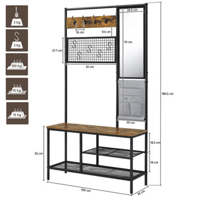 Yaheetech Rustic Brown Metal Six In One Hall Tree with Shoe Storage - 3