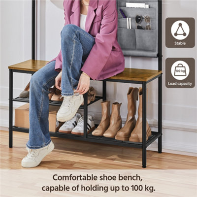 Yaheetech Rustic Brown Metal Six In One Hall Tree with Shoe Storage - 6