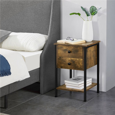 Yaheetech Rustic Brown Side Table Vintage Bedside Table with 2 Drawers & Open Shelf