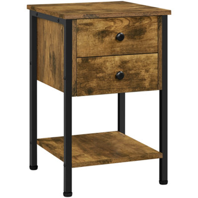 Yaheetech Rustic Brown Side Table Vintage Bedside Table with 2 Drawers & Open Shelf