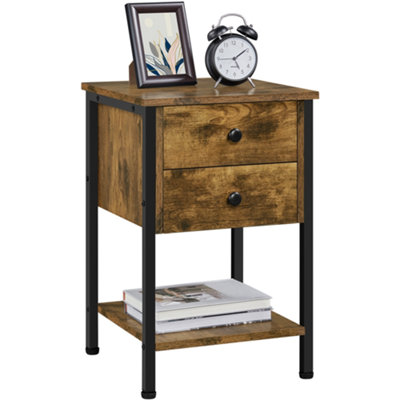 Yaheetech Rustic Brown Side Table Vintage Bedside Table with 2 Drawers & Open Shelf