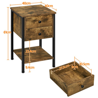 Yaheetech Rustic Brown Side Table Vintage Bedside Table with 2 Drawers & Open Shelf