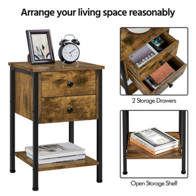 Yaheetech Rustic Brown Side Table Vintage Bedside Table with 2 Drawers & Open Shelf