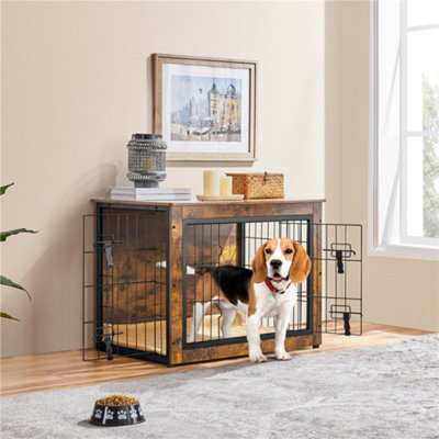 Yaheetech Rustic Brown Wooden Dog Crate with Anti-Skid Plush Mat for ...