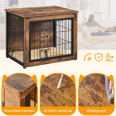 Picture of Yaheetech Rustic Brown Wooden Dog Crate with Anti-Skid Plush Mat for ...