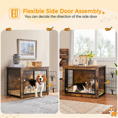 Image showcasing Yaheetech Rustic Brown Wooden Dog Crate with Anti-Skid Plush Mat for ...