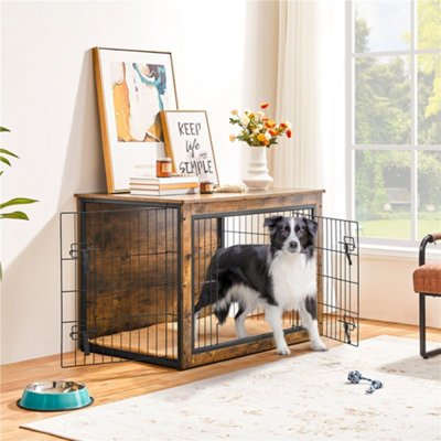 Yaheetech Rustic Brown Wooden Dog Crate with Anti Skid Plush Mat