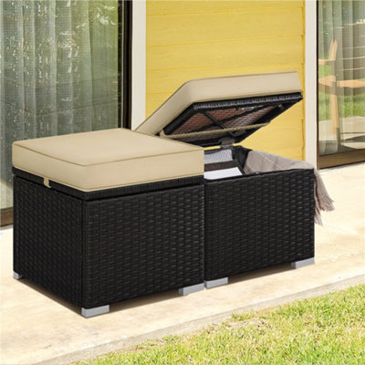 Yaheetech Set of 2 Brown/Khaki Outdoor Wicker Ottomans with Cushion and Hidden Storage