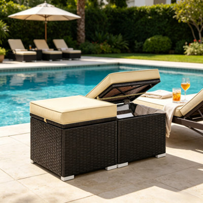 Yaheetech Set Of 2 Wicker Ottomans - PE Rattan, Hidden Storage, Removable Cushion, Black/Gray, Indoor/Outdoor
