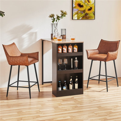 Yaheetech Set of 2 Brown PU Leather Counter Stools with Cushioned Back and Armrest