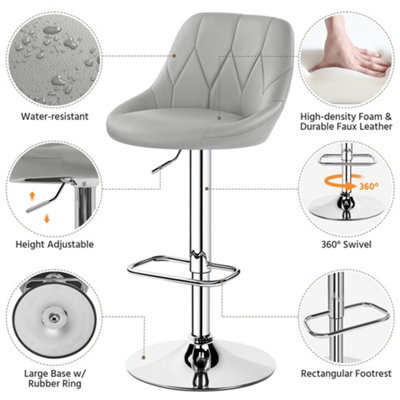 Yaheetech Set of 2 Faux Leather Swivel Bar Stools with Backrest and Footrest Light Grey