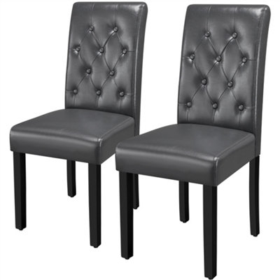 Yaheetech Set of 2 Grey Faux Leather Dining Chairs with Button Tufted Backrest and Solid Wood Legs