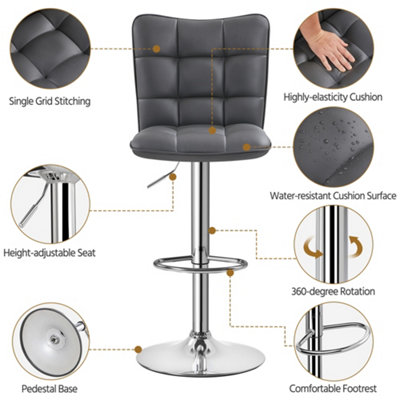 Yaheetech Set of 2 Grey Tufted Back Height Adjustable Swivel Bar Stools with Footrest