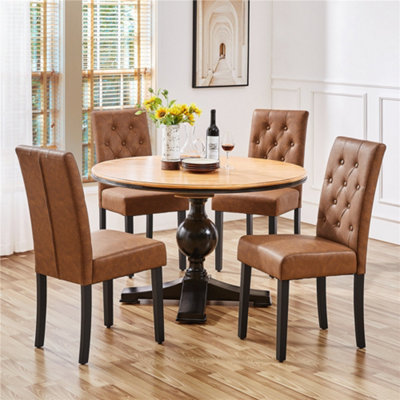 Yaheetech Set of 2 Retro Brown PU Leather Dining Chairs with Button Tufted Backrest and Solid