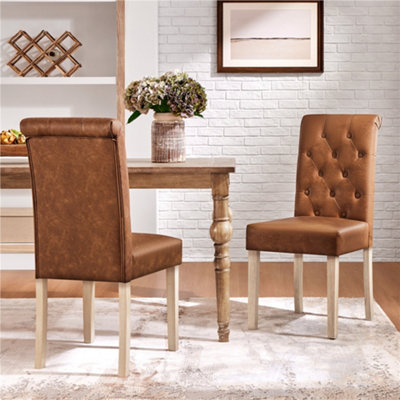 Yaheetech Set of 2 Retro Brown PU Leather Dining Chairs with High Back Padded Seat