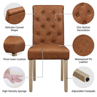 Yaheetech Set of 2 Retro Brown PU Leather Dining Chairs with High Back Padded Seat
