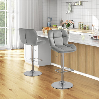 Yaheetech Set of 2 Velvet Swivel Stools with Adjustable Seat Height for Kitchen Bar Light Grey