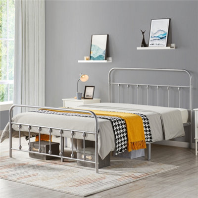 Yaheetech Silver 4ft6 Double Classic Iron Bed Frame with High Headboard and Footboard