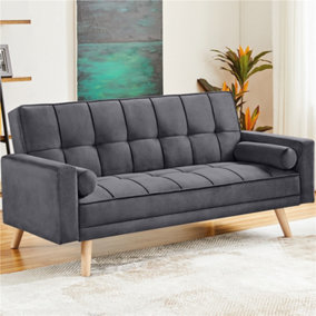 Yaheetech Smokey Grey Velvet 3 Seater Convertible Sofa Bed with Armrests and 2 Bolster Pillows