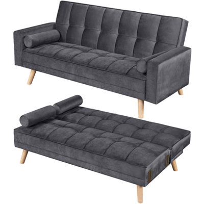 Yaheetech Smokey Grey Velvet 3 Seater Convertible Sofa Bed with Armrests and 2 Bolster Pillows