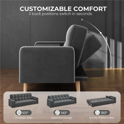 Yaheetech Smokey Grey Velvet 3 Seater Convertible Sofa Bed with Armrests and 2 Bolster Pillows