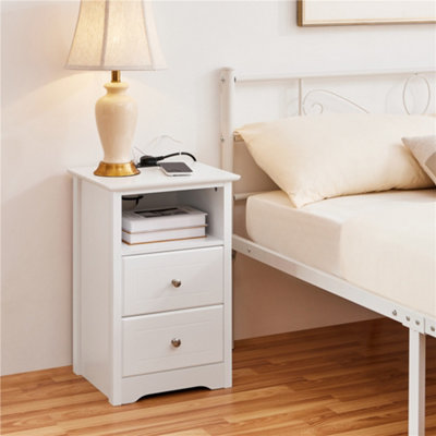 Yaheetech Storage Side Table with 2 Charging Outlets and 2 USB Ports White