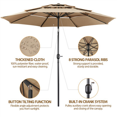 Yaheetech Tan 3.2m 3 Tier Tiltable Patio Parasol Vented Table Umbrella with Crank