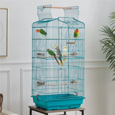 Image showcasing Yaheetech Teal Blue Open Top Metal Birdcage Parrot Cage with Slide-out ...