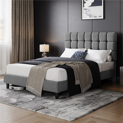 Yaheetech Upholstered Bed Frame with Square Tufted Headboard Light Grey King