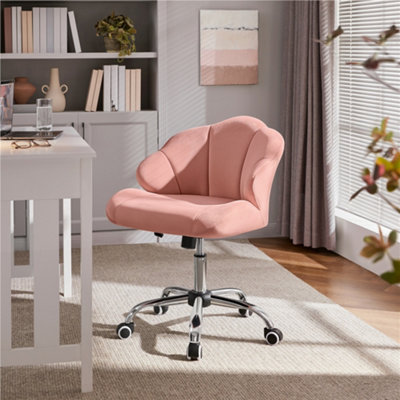 Yaheetech Velvet Adjustable Desk Chair with Tufted Shell-Shaped Backrest and Rolling Wheels Pink