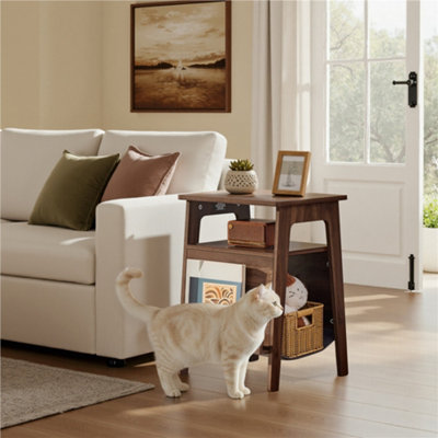 Yaheetech Walnut Classic Wooden End Table with Cat House & Scratching Board