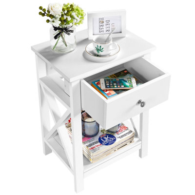 Yaheetech White 1 Drawer Bedside Table X shape (H)550mm (W)400mm (D)300mm