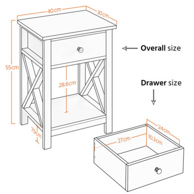 Yaheetech White 1 Drawer Bedside Table X shape (H)550mm (W)400mm (D)300mm