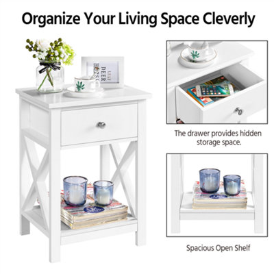 Yaheetech White 1 Drawer Bedside Table X shape (H)550mm (W)400mm (D)300mm