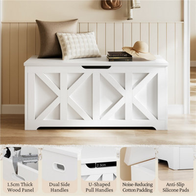 Yaheetech White 132 L Wooden Storage Bench with Safety Hinged Lid