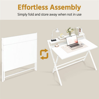 Yaheetech White 2 Tier Foldable Computer Desk with Monitor Shelf
